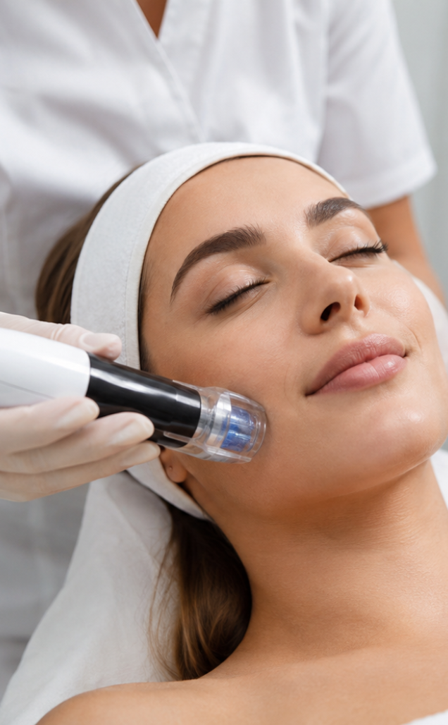 Professionelle Gesichtsbehandlung mit Microneedling bei einer jungen Frau.